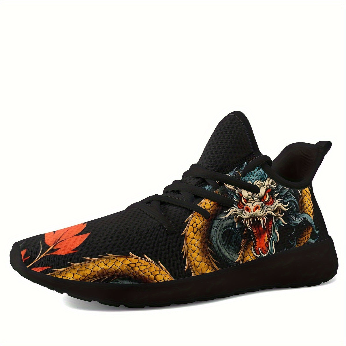 Men's Chinese Dragon Graphic Knit Running Shoes - Comfy Shock Absorption Sneakers